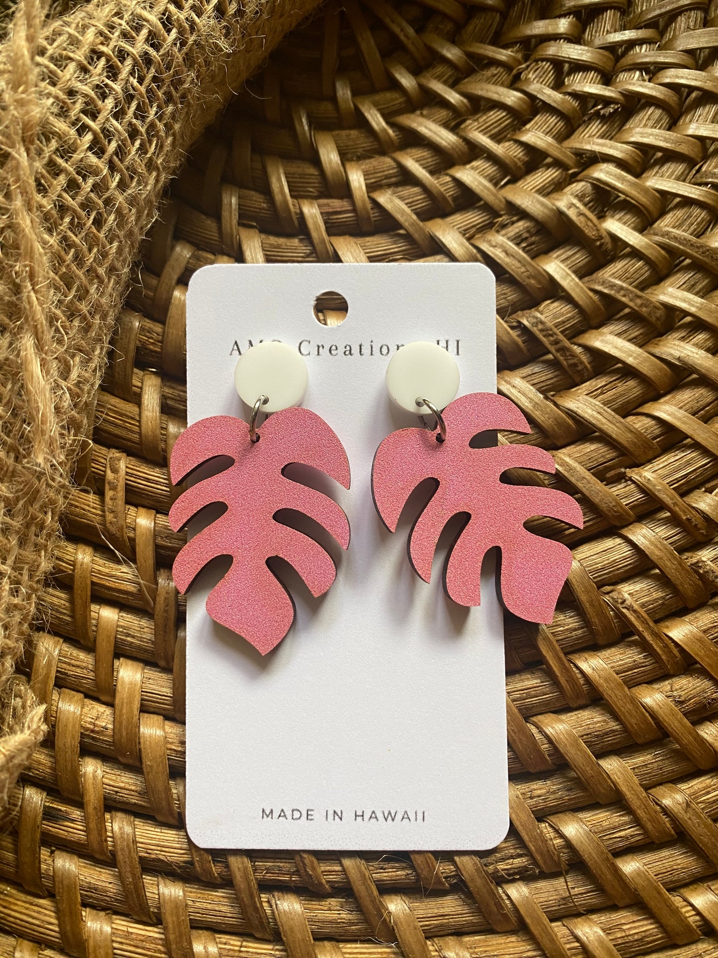 Wooden Pink Monstera with Acrylic Stud Topper