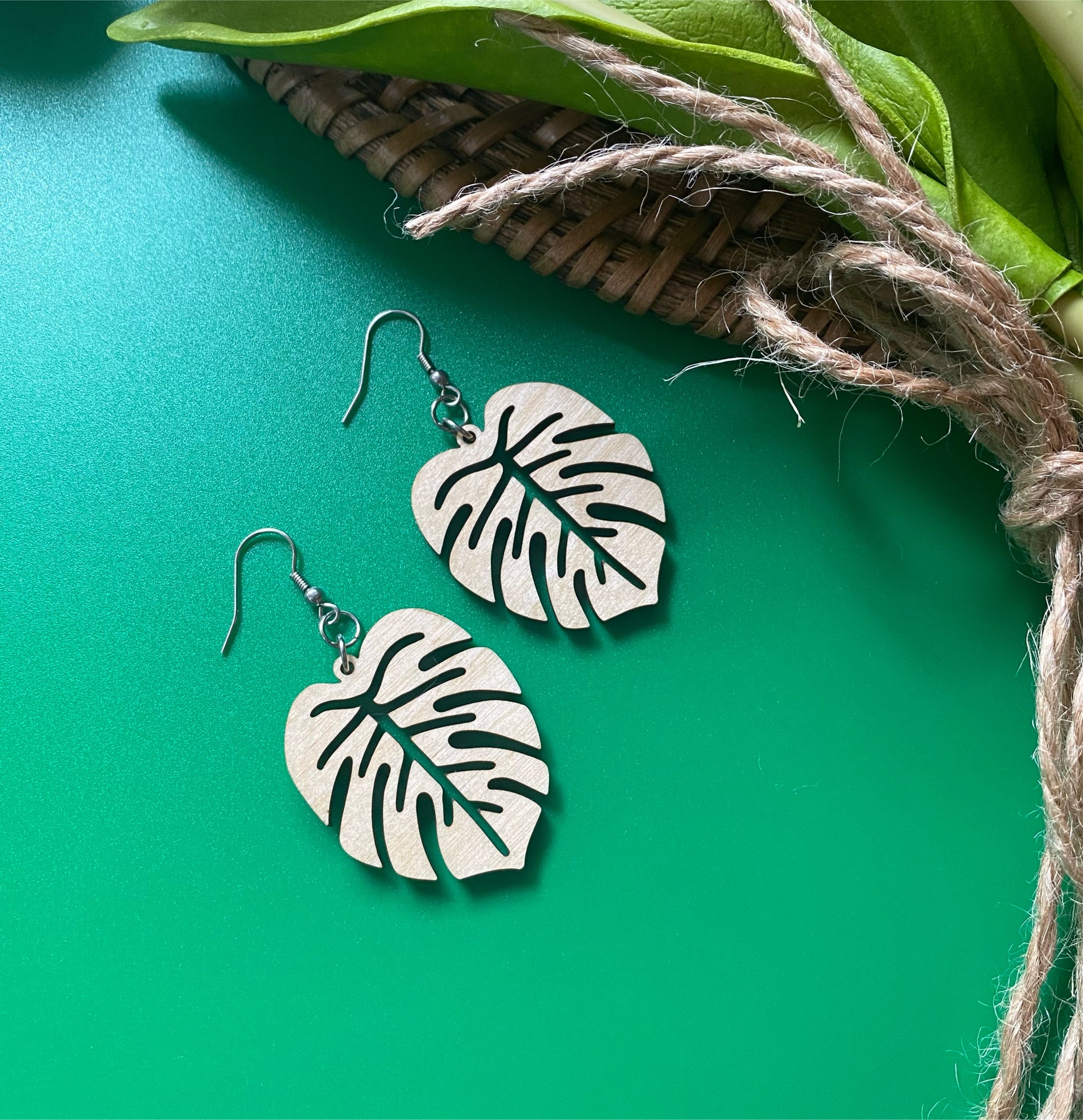 Maple Wood Monstera Leaf Earrings