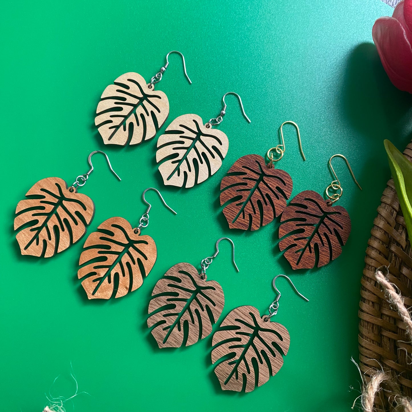 Monstera Leaf Wooden Earrings