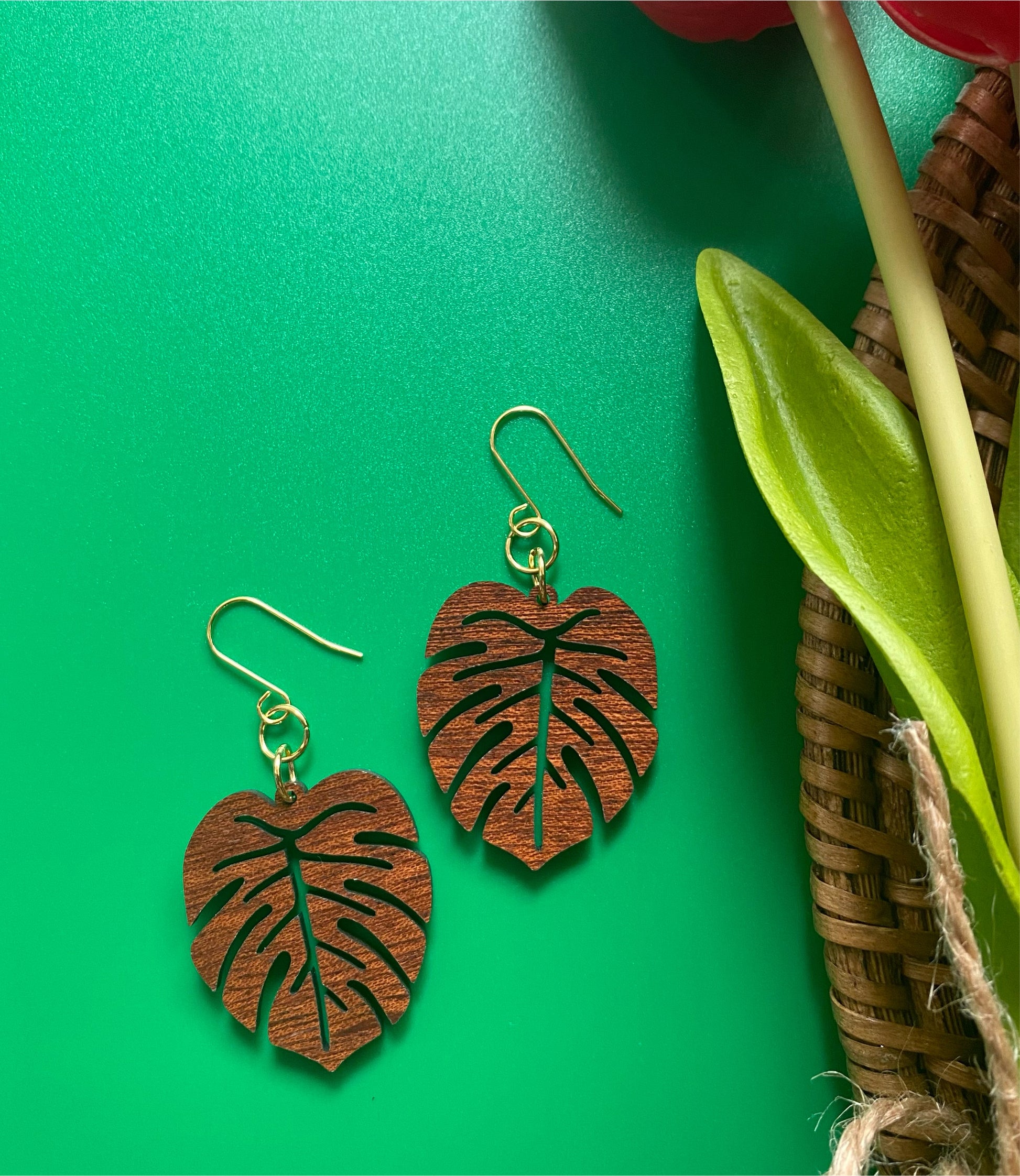 Sapele Wood Monstera Leaf Earrings