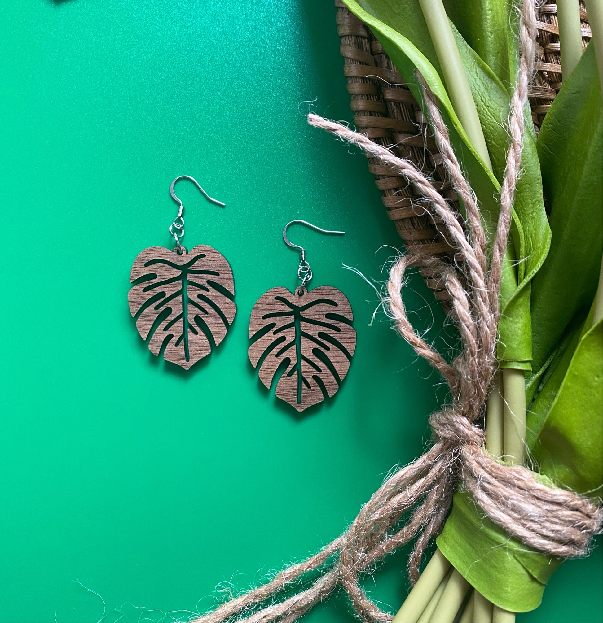 Walnut Wood Monstera Leaf Earrings