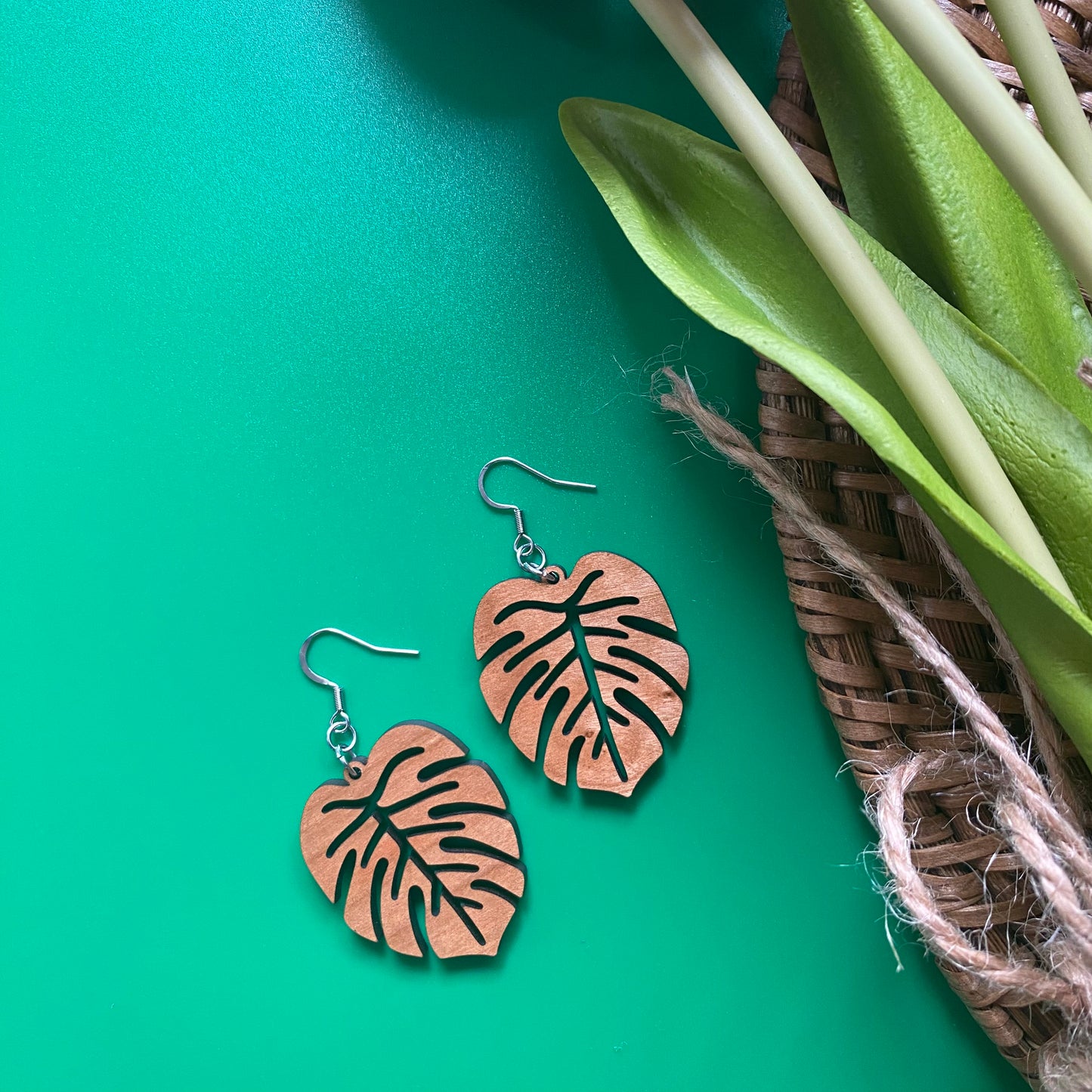 Cherry Wood Monstera  Leaf Earrings